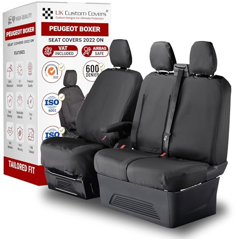 To Fit Peugeot Boxer Seat Covers 2022 On Front Set | Waterproof & Heavy Duty, Airbag Compatible, Easy To Fit - Tailored Driver & Double Passenger Black