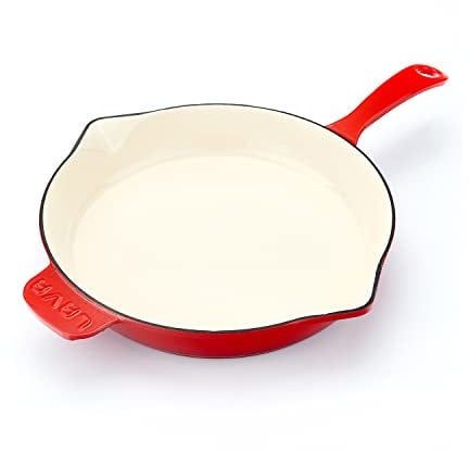 Lava Light-Colored Sand Enameled Cast Iron Skillet with Side Drip Spouts - 12 inch Round Frying Pan with Glossy Sand-Colored Three Layers of Enamel Coated Interior (Red)