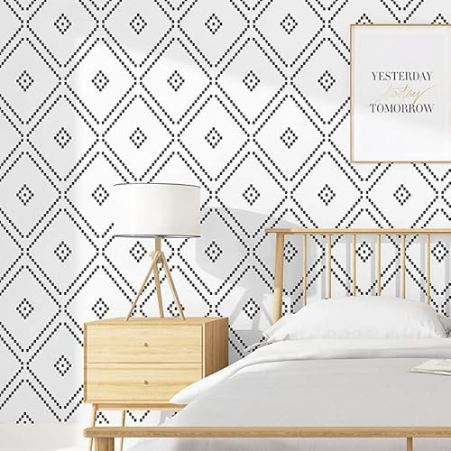 SAIMEYI Papier peint PVC motif damier noir et blanc papier peint adapté pour la chambre à coucher, le salon, la cuisine. Papier peint moderne dans un style minimaliste. Papier peint à motif losanges