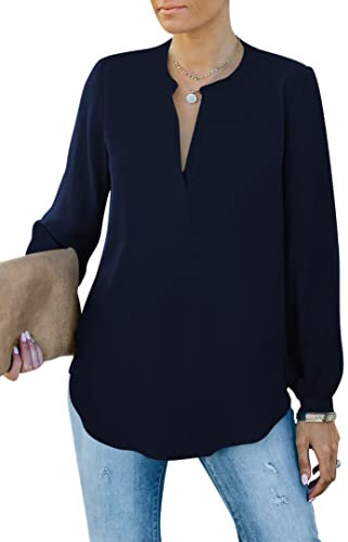 Homlan Camicia da Donna Elegante con Scollo a V, a Maniche Lunghe, da Lavoro, Casual, a Maniche Lunghe, Tinta Unita, Blu Scuro, S