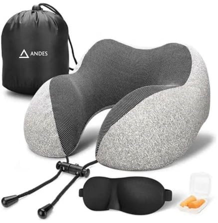 Andes Almohada de Viaje, Almohada Avión. Cojín Viaje para Avión, Coche, Tren, Bus. Portátil y Cómoda de Espuma Memoria Viscoelástica. Incluye bolsa de transporte, Máscara de ojos y Tapones para oídos.
