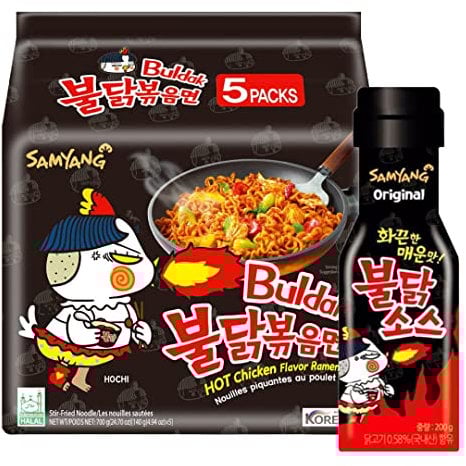 Samyang Buldak Hot Chicken Ramen Spicy Fire Noodle Ultimate Challenge - 5 Packs Original Noodles & 1 Bottle Fire Sauce