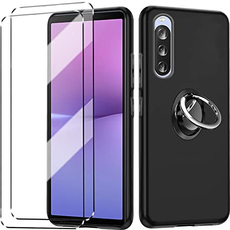 HuiYouMY [4 in 1 hülle und 2 Glas für Sony Xperia 10V, mit Ring, hülle silikon hülle stoßfest Sony Xperia 10V schutzhülle schutzfolie Folie handyhülle silikon-Black