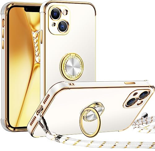 Silverback für iPhone 13 Hülle mit Band, [Miss Arts] Ring Ständer Handyhülle Handykette Frauen Mädchen Dünn Stoßfeste Schutzhülle für iPhone 13 Case Weiß