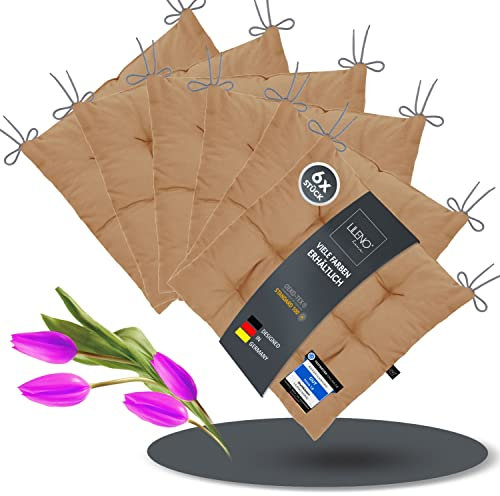 LILENO HOME 6er Set Stuhlkissen 10 Caramell (40x40x6 cm) - Sitzkissen für Garten, Küche oder Esszimmer - UV-beständige Indoor u. Outdoor Stuhlauflage als Stuhl-Kissen (Linda FUM)
