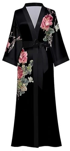 EORUBE Damen Morgenmantel Lange Satin Kimono Robe Blumen Muster | Seidiger Bademantel Brautjungfer Hochzeit Bachelorette Party Morgenmantel