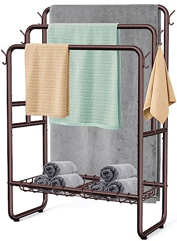 Kayfia 40 Tall Standing Towel Rack for Extra Large Towel, 3 Tier Floor Towel Stand with Storage Basket & Hook, Freestanding Blanket Ladder Display and Drying Rack for Bathroom Living Room (Bronze)