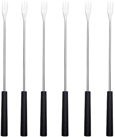 Lot de 6 fourchettes à fondue au fromage, couverts à fondue en acier inoxydable, au fromage avec poignée résistante à la chaleur pour le fromage, le chocolat, la viande de marshmallows, Noir