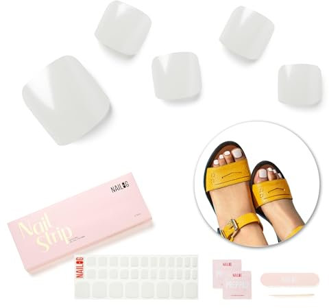 NAILOG Semi Cured Gel Nail Strips, Toe Nail Polish Strips with Glossy Gel Finishing | 32 Pieces Long Lasting Pedi Nail Wrap | Pearl White