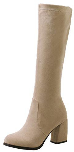 Joliss Donna Tacco Medio Stivali Elasticoizzati Punta Rotonda Zip a Collo Alto Stivali Tacco a Blocco Vestito Mid Stivali Alti Beige Numero 33 EU