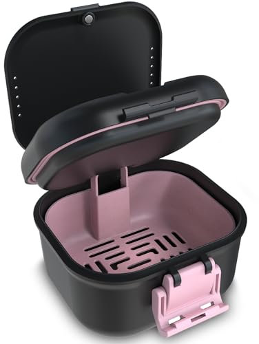 BVN Auslaufsicher Prothese Box, Aufgewertete Trageaufbewahrung, Zahnbadbox Mit Filter, Zahnschale Zum Einweichen Von Zahnersatz, Reise Retainer Reinigungskoffer Für (schwarz+rosa).