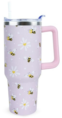 Xchearser 40 oz Cute Daisy Bee Tumbler with Handle and Straw, Stainless Steel Insulated Cup with Lid and Straw, Travel Mug Water Bottle, Gifts for Women