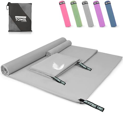 Pfloge® Mikrofaser Handtuch 3er Set, 180x80cm Microfaser Handtücher Groß+ 2 Stück 80x40cm Klein Fitness Handtuch, Farbecht Mikrofaser Badetuch, für Fitness, Sauna,Strand, Reise(Hellgrau)