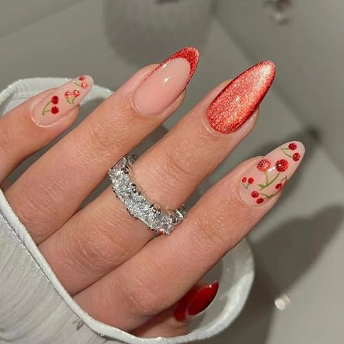 Ovale Kurze Künstliche Nägel French Press On Nails MrCuvaryas French Press On Nails Kurz Square Soft Gel Nail Tips Full Cover Nageltip (Red Cherry)