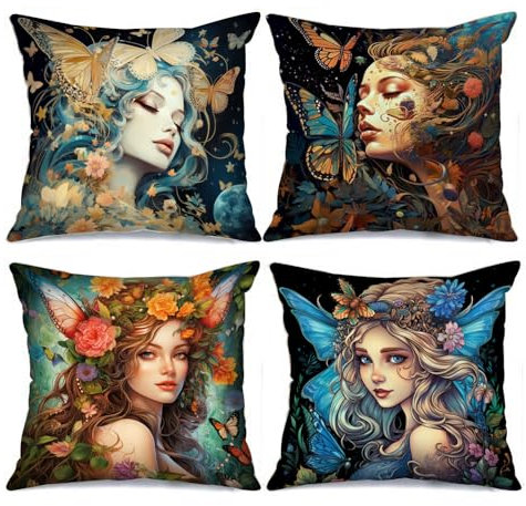 Tucocoo Dekokissenbezüge mit Schmetterlingsmotiv, 45 x 45 cm, abstraktes Fantasie-Mädchen, dekorative Kissenbezüge, schöne Dame, Portrait, Moderne Dekoration für Couch, Bett, Terrasse, Möbel