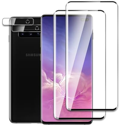 2 Stück Schutzfolie für Samsung Galaxy S10 Plus mit 2 Stück Kamera Panzerfolie, 3D Gebogene vollständige Abdeckung Schutzglas Folie, Anti-Kratzer, Einfache Installation
