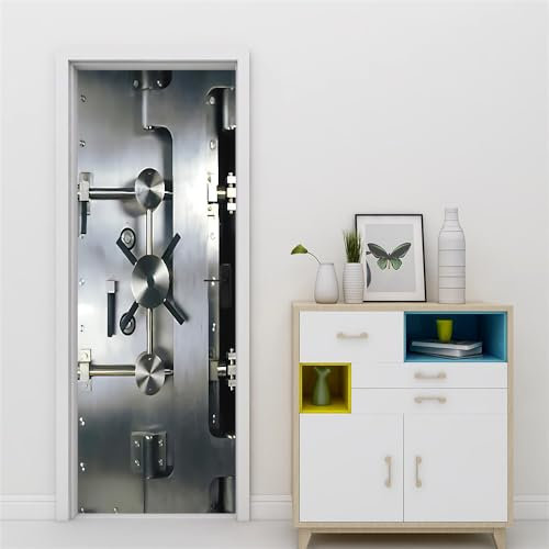 FYRHLH Türtapete Selbstklebend Silberner Tresor 3D Türaufkleber, Entfernbar Wasserdicht Tür Aufkleber Heimdekoration für Schlafzimmer, Wohnzimmer, Badezimmer, Wandaufkleber B85 x H205cm