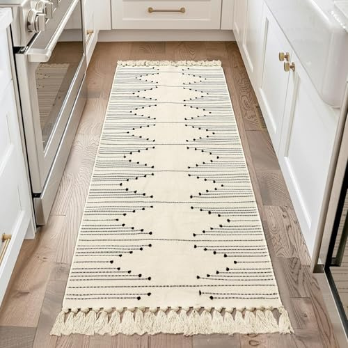 Tritard Boho-Läuferteppich, waschbar, für Flur, leichte Bauernhaus-Azteken-Baumwoll-Teppiche mit Quasten, für Küche, Badezimmer, gewebt, niedriger Flor, dünner Teppich für Eingangsbereich,