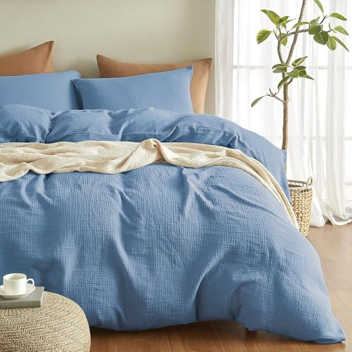 Boqingzhu Doppelte Muslin Baumwolle Bettwäsche 135x200cm Petrol Blau Weich Kuschelig Sommer Baumwollbettwäsche Set Leinen Dunkelblau Bettbezug 135x200cm und Kissenbezug 80x80cm mit Reißverschluss