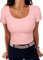 Aottori T-Shirt Côtelé pour Femme Haut élégant à Manches Courtes et col Rond Tshirt Basique Coupe Ajustée Extensible Décontracté Été Rose S
