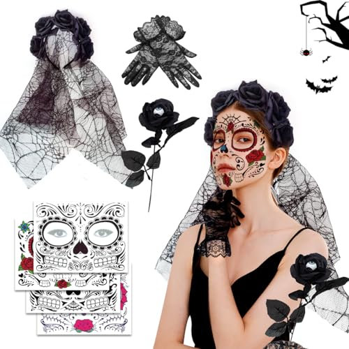 Giorno dei Morti Velo per Halloween, Fascia Rose e Tatuaggi Viso, Guanti in Pizzo, Fiori Artificiali - Velo Della Morte Cerchietto per Cosplay Copricapo