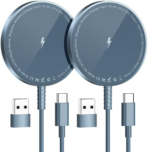 Mag-Safe Ladegerät für iPhone Ladestation: Magnet Wireless Charger Induktive Kabelloses Ladepad Kompatibel mit iPhone 16 15 14 13 12 und Air-Pods 3 2 Pro (Ohne Netzteil, 2 Stück Blau)
