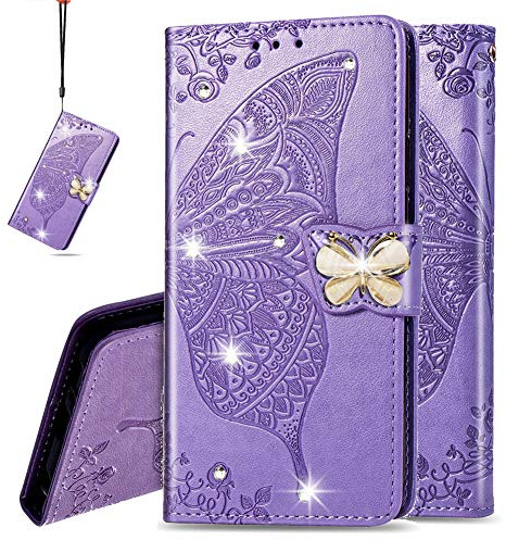 IMEIKONST Compatible with iPhone 16 Pro Max Wallet Case with Card Holder, Diamond Embossed Leather Magnetic Flip Kickstand Shockproof Cover for iPhone 16 Pro Max. Crystal Butterfly Lavender SD
