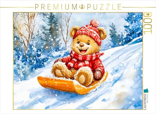 Puzzle · Teddy rodelt mit Schlitten im Winter | Eine bezaubernde Aquarellzeichnung von einem Teddybären, der fröhlich… · 1000 Teile · Lege-Größe 64 × 48 cm · CALVENDO Puzzle