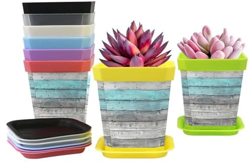 8 macetas cuadradas con platillo, estampado de tablones de madera degradados de color turquesa y blanco, maceta para interiores y exteriores, maceta para flores, verduras y hierbas, arcilla