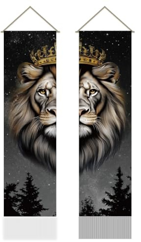 AHANDMAKER 2 Stück Löwen Wandteppich. Löwe Im Weltraum Mit Sternen Langer Vertikaler Wandteppich Cooler Wandteppich Mit Löwenquaste Ästhetischer Wandteppich Fürs Zimmer (45.7x13(5) cm)