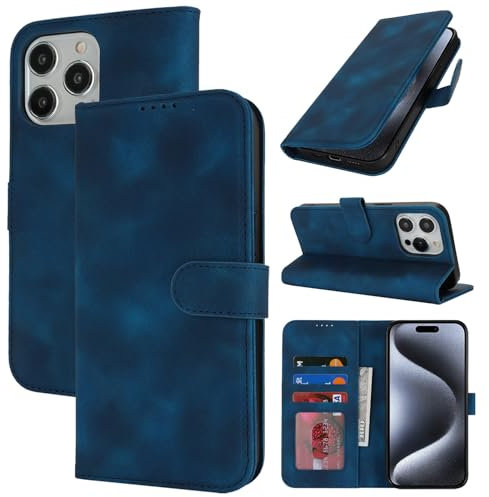 Zouzt Case for iPhone 15 Pro (6.1 Inch), Premium PU Leather Wallet Case with Credit Card Holder Slot Flip Folio Kickstand Shockproof Protective Phone Cover (Vintage Blue)