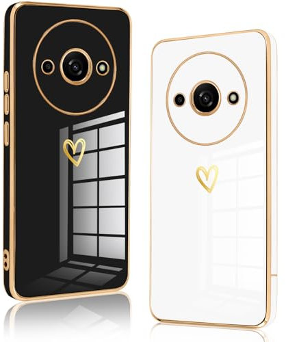 Vauki 2 Packs Coque pour Xiaomi Redmi A3, Ultra Fine Souple TPU Silicone Antichoc Housse Étui de Téléphone avec Motif Coeur et Bordure Dorée Case Protection pour Fille, Noir et Blanc