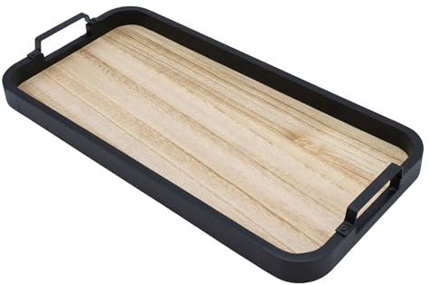 Metall Deko Tablett in schwarz mit Griffen - 40 cm x 20 cm - Kerzentablett rechteckig mit Boden in Holz Optik - Tischdeko Platte Kerzen Brett Weihnachten