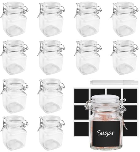 Legpador 12 Pezzi Barattoli Vetro con Coperchio, Barattoli Cucina con Etichette e Penna, Contenitori Spezie, Barattoli Vetro Ermetici, Barattoli Portaspezie, Barattoli Porta Spezie per Casa(100ML)