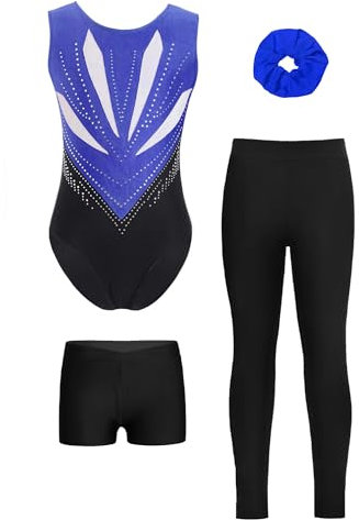 Aislor Mädchen Glitzer Turnanzug 4-teiliges Ärmellose Gymnastikanzug mit Shorts Und Legging Leotard Rückenfrei Trainingsanzug Tanzbody Blau Schwarz 170