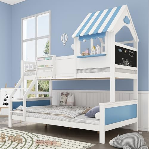 Gxffipw Etagenbett Kinderbett 90x200 & 120x200 cm mit Stauraum und Rausfallschutz, Hochbett mit Leiter und Dach, Holzbett Bettgestell mit Lattenrost und Fenster, Weiß+Blau, Ohne Matratze