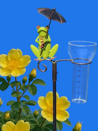 Pommerntraum ® | Regenmesser Niederschlagsmesser Pluviometer Wetterfrosch Frosch mit Regenschirm + Meisenknödelhalter - tolle Gartendeko (Frosch mit Schirm)