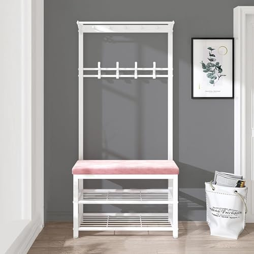 Garderobe Mit Schuhaufbewahrung - Hall Tree Industrieeingang Mit Bank, Freistehende Garderobenaufbewahrung Schuhregal Mit Haken Für Kleine Wohnungseingänge, Pink, 100CM
