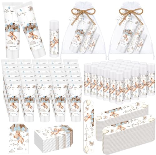 Dansib 50 Sets/250 Stück We Can Bearly Wait Bär Babyparty Gefälligkeit Spiel Preis Party Geschenk Bulk Handcreme Lippenbalsam Nagelfeile Geschenk-Set für Gewinner Erwachsene Gäste Geschlecht