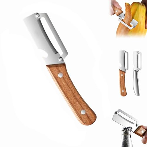 Multifunktionaler Gemüseschäler für die Küche, multifunktionaler Schäler aus Edelstahl, Obstschäler mit Holzgriff und Flaschenöffner, für Obst, Gemüse, Kürbis und Papaya (A)