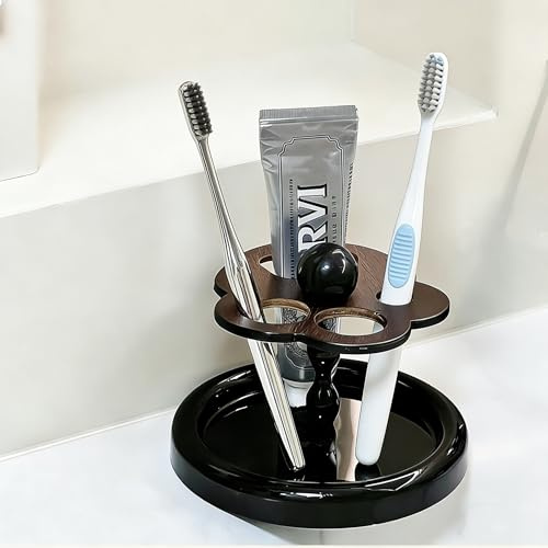Trlyane Porte-Brosses à Dents en Bois, 5 Emplacements, Motif Fleuri | Organisateur de Salle de Bain pour Brosses Électriques et Manuelles, Dentifrice et Rasoirs, Support Autoportant Noir