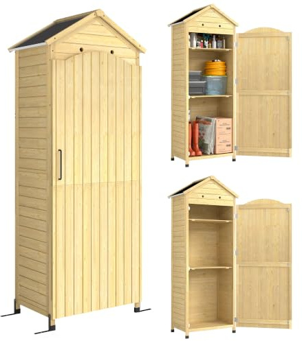Outsunny Armoire de Jardin en Bois 213cm de Haut pour Terrasse Bois Naturel | Abri de Jardin, Toit en Métal Galvanisé, Remise à Outils à Long Manche, Texture Gaufrée, Étagères Réglables
