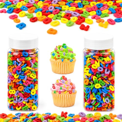 2 Stück Schulanfang Streusel,Tortendeko Buchstaben und Zahlen | Bunte Buchstaben Zahlen aus Zucker,Kuchen Deko für Kuchen,Cupcake,Plätzchen