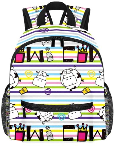 Lightweight Kids Backpack Kindergarten School Bag Child Rucksack Daypack for 3-8 Years Old Colorful Stripes with Cow Milk Crown