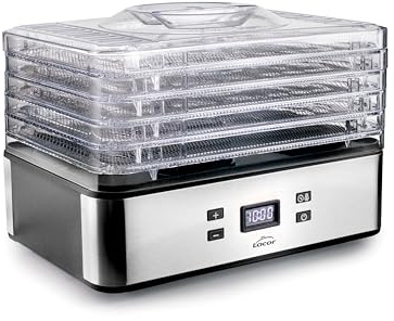 LACOR - 69522 - Deshidratador de Alimentos Eléctrico Bryssa Fruta Carne | 5 rejillas de acero inoxidable regulables; pantalla digital con temporizador; termostato 35-70°C; snacks saludables y setas