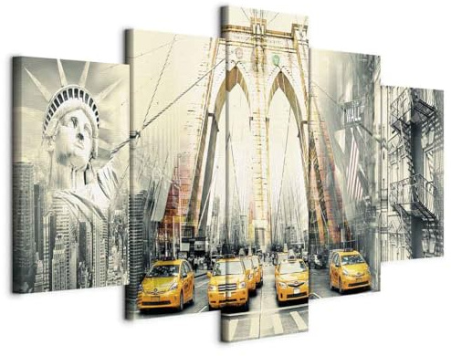 B&D XXL - Wandbilder XXL New York 200x100cm 5 tlg - Wand Deko Leinwand Bilder Groß Wanddeko Wohnzimmer Schlafzimmer Kunstdrucke - Brücke Taxi Stadt Statue Symbole Abstrakt 020111-21