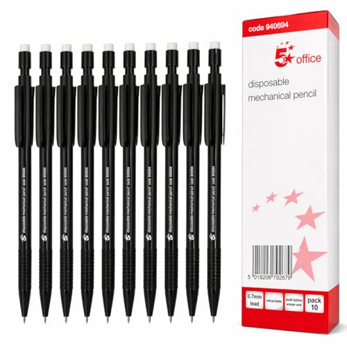 5 Star Office Mechanical Pencils 0.7mm HB Lead – Retractable with Eraser, Black Barrel, Refillable, Pack of 10