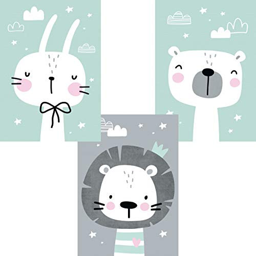 LALELU-Prints | 3er Set Bilder Kinderzimmer Poster | Zuckersüße Tiere für Ihr Mädchenzimmer | ein Traum in mint und grau (DIN A4 ohne Rahmen)