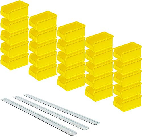BRB Set - 25x Sichtstapelkästen Profi LB5, gelb, Inhalt 0,85 Liter, LxBxH 175x100x75 mm inkl. 3 verz. Wand-Aufhängeschienen