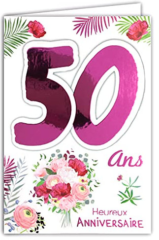 Afie 69-2135 Carte avec Enveloppe Anniversaire 50 ans Femme Rose Fuchsia Brillant Bouquet Fleurs